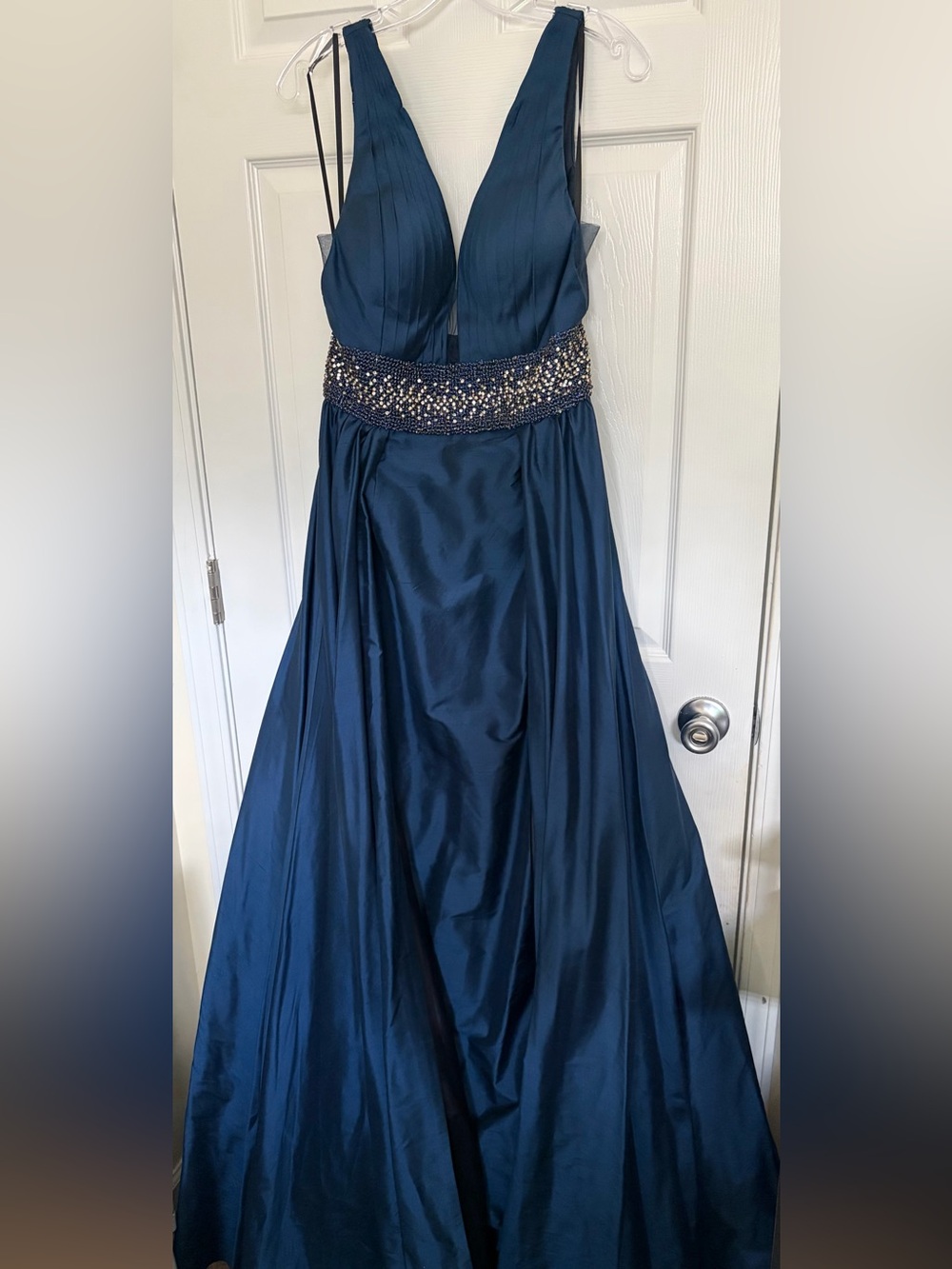 Jovani Deep Navy Plunge Evening Gown with Beaded Waist